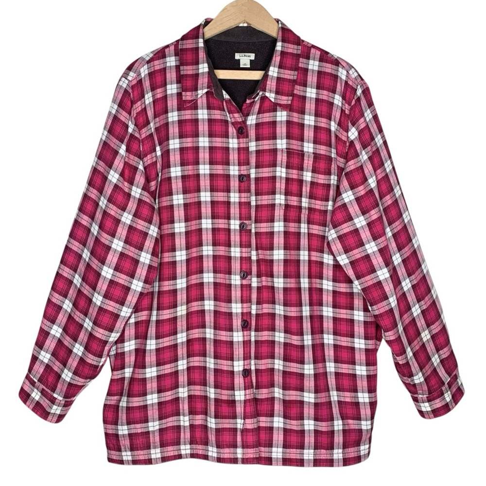 LL Bean Fleece Lined Flannel Shacket Jacket 1X Berry Pink Plaid Button Up